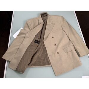 FLORENZI Weave Grid Pattern Men's 44R Tan Double Breasted Suit Jacket Peak Lapel